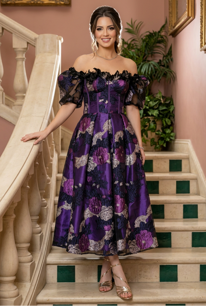 Off-the-Shoulder Floral Jacquard Midi Dress with Pockets