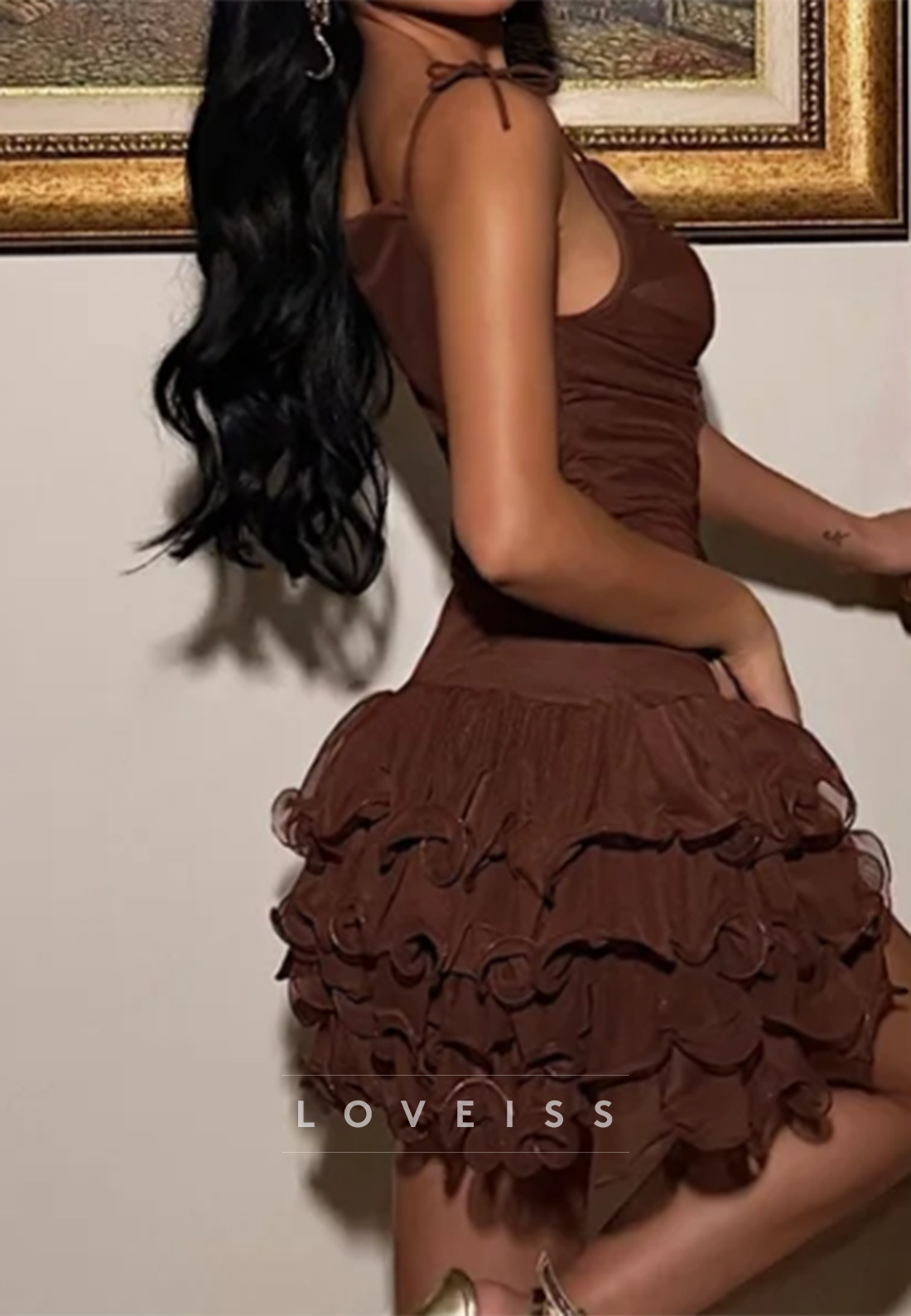 Ruched Tiered Ruffle Mini Dress with Spaghetti Straps