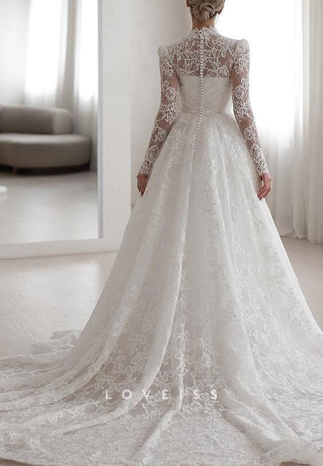 Long Sleeve High Neck A-Line Lace Wedding Gown