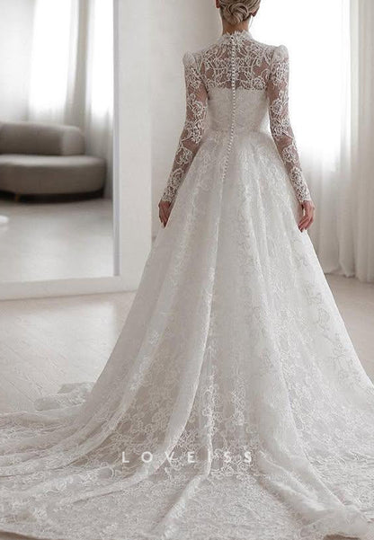 Long Sleeve High Neck A-Line Lace Wedding Gown