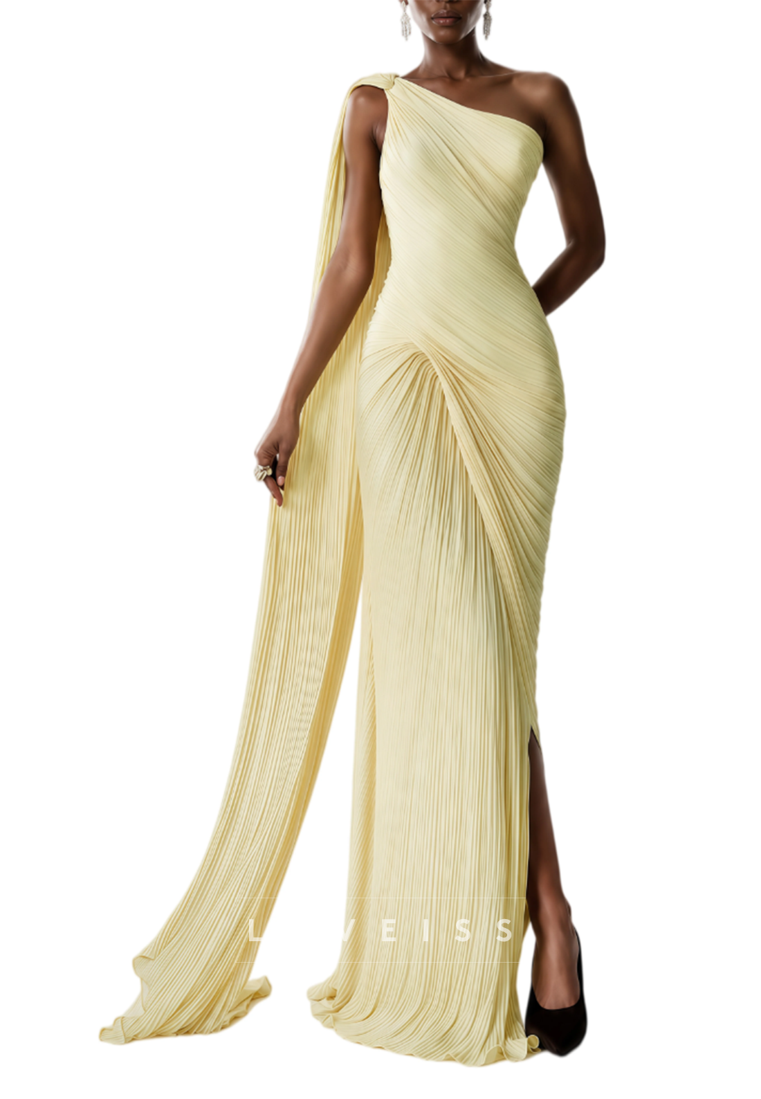 Pleated One-Shoulder Column Gown with Shoulder Drape