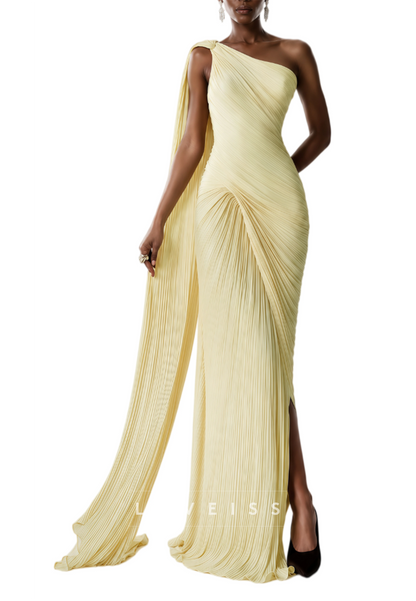 Pleated One-Shoulder Column Gown with Shoulder Drape