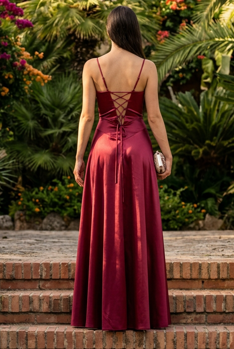 Corset Satin Maxi Dress with Lace-Up Back
