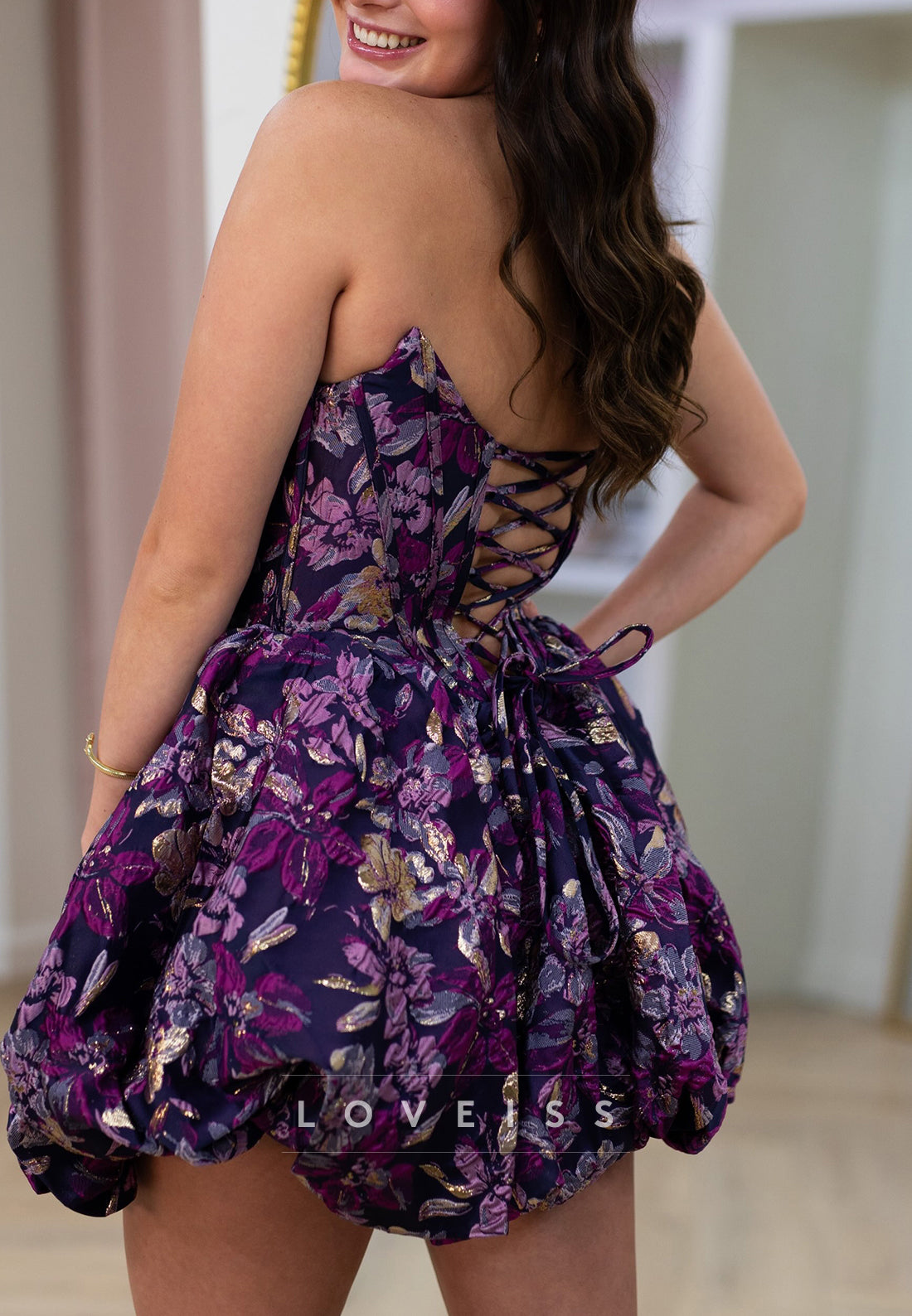 Strapless Metallic Floral Jacquard Bubble Mini Dress