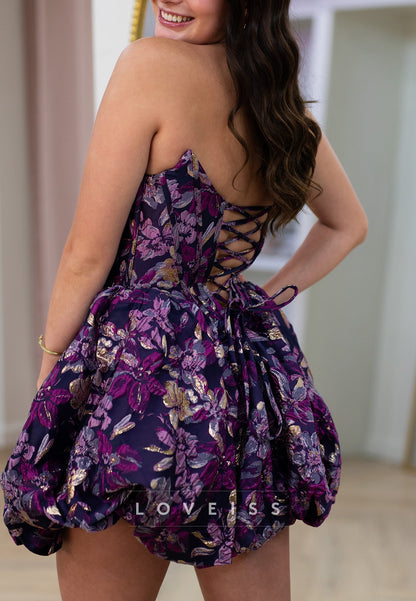 Strapless Metallic Floral Jacquard Bubble Mini Dress