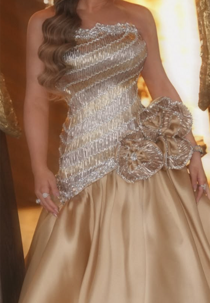 Strapless Beaded Bodice Ball Gown with Floral Accent