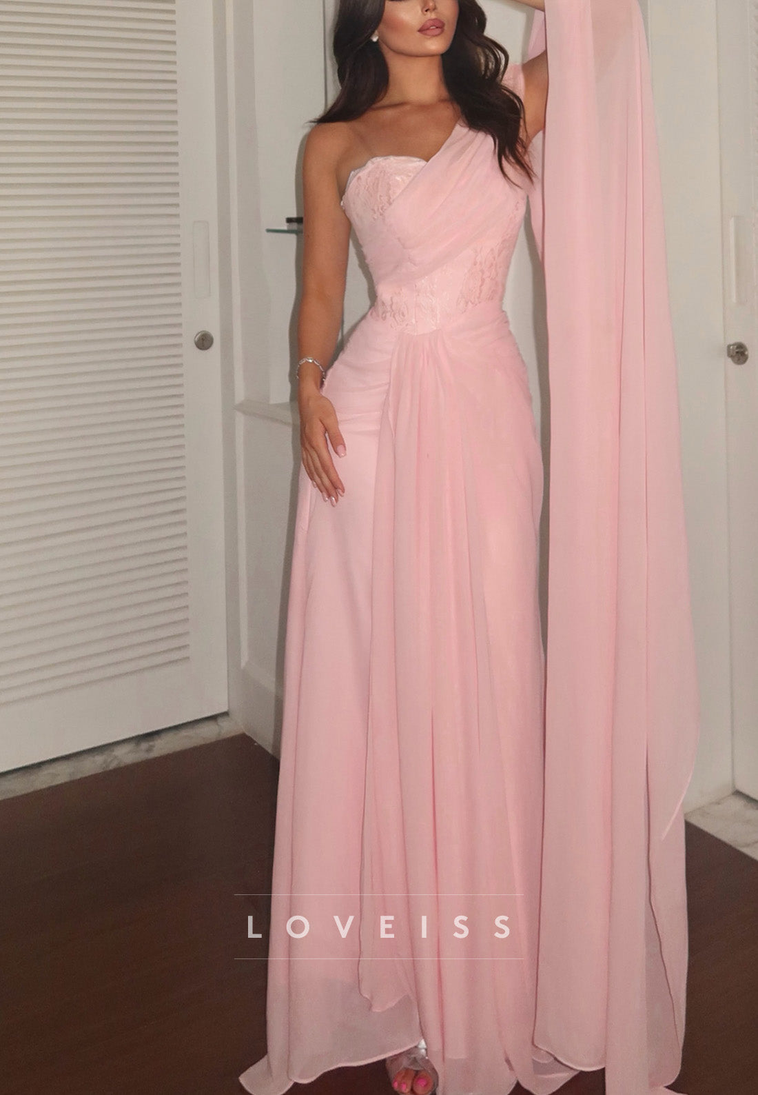 One-Shoulder Pleated Gown with Draped Cape
