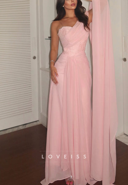 One-Shoulder Pleated Gown with Draped Cape