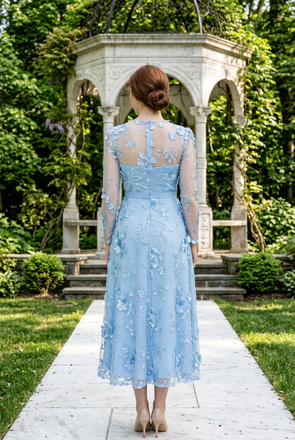 Floral Applique Illusion Midi Dress with Sleeves