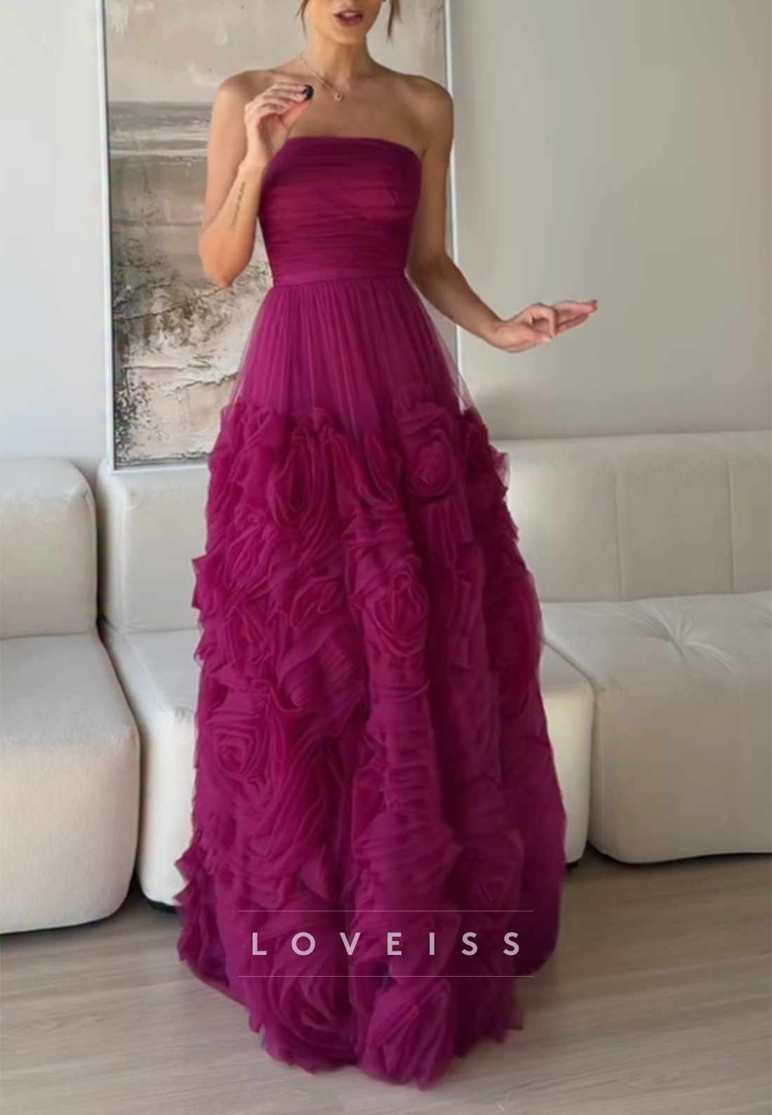 Strapless Ruffled Rosette Tulle A-Line Evening Gown