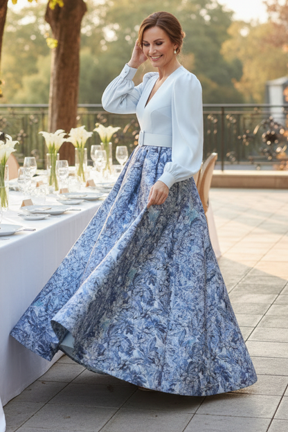 V-Neck Long Sleeve Floral Jacquard Maxi Dress