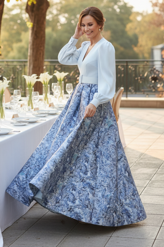 V-Neck Long Sleeve Floral Jacquard Maxi Dress