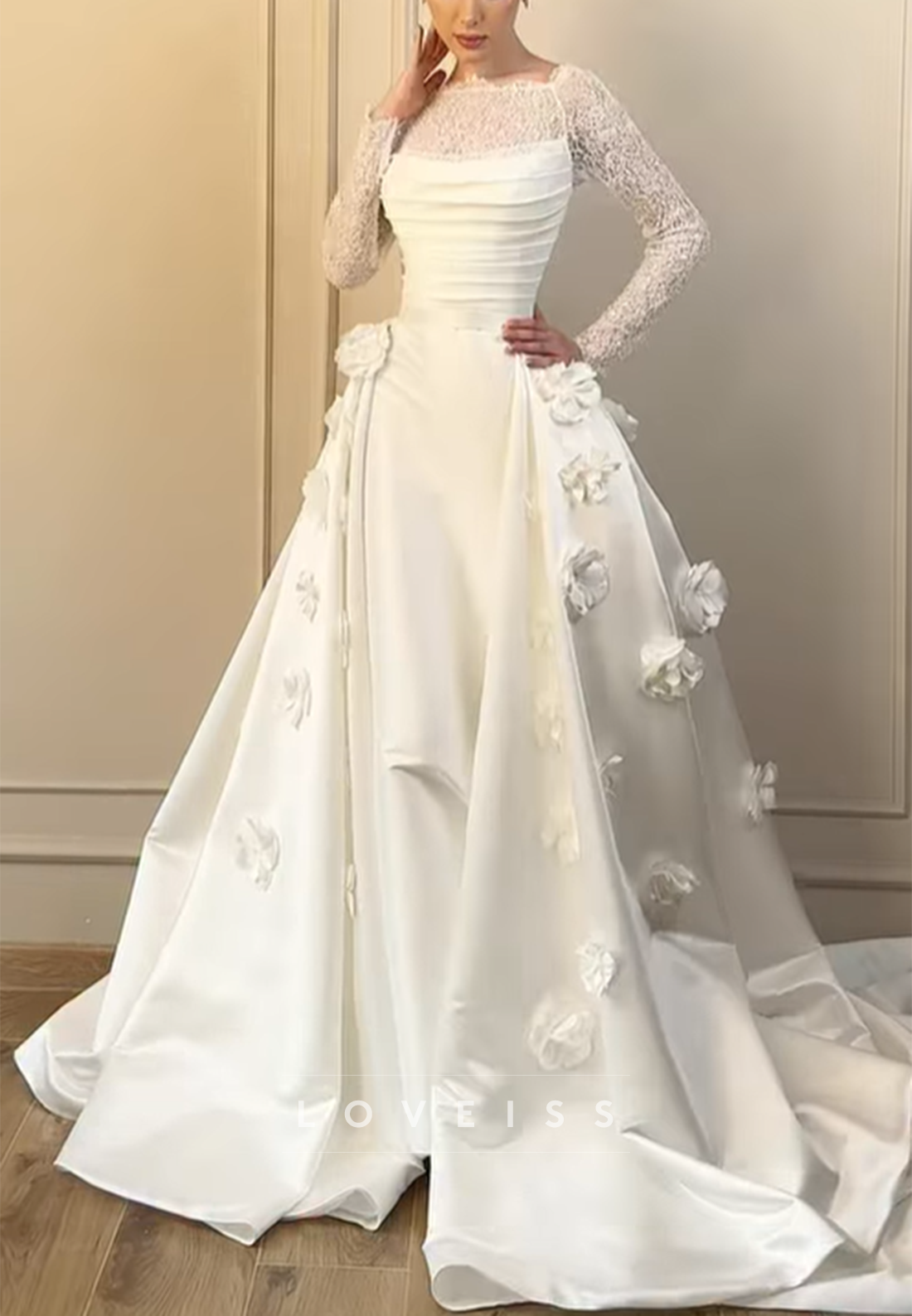 Ruched Bodice Satin Gown with 3D Florals