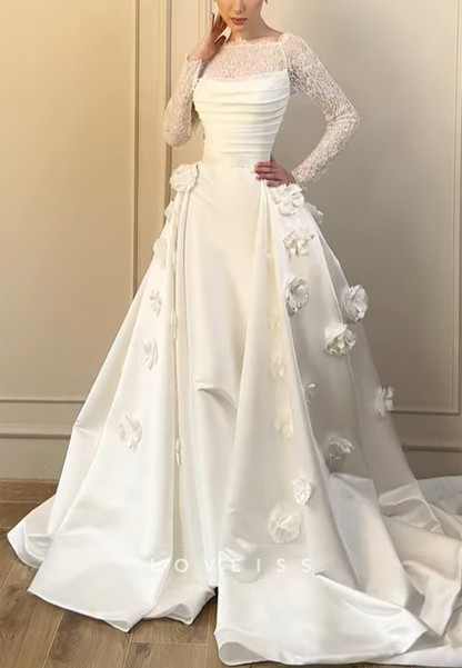 Ruched Bodice Satin Gown with 3D Florals