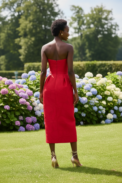 Strapless Jacquard Midi Dress with Pleated Waist