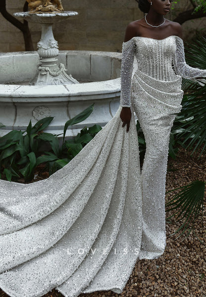 Sequined Off-the-Shoulder Wedding Dress with Train
