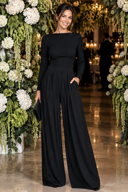 Bateau Neck Pleated Wide-Leg Jumpsuit