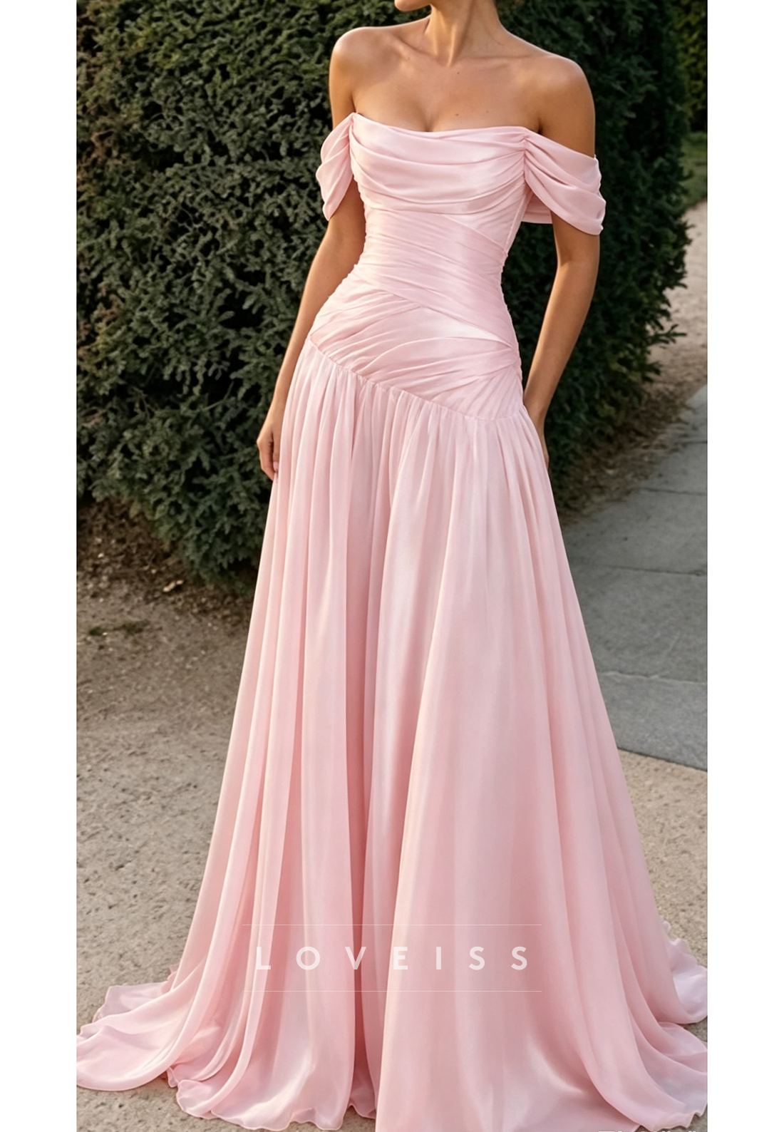 Off-the-Shoulder Ruched Satin A-Line Evening Gown