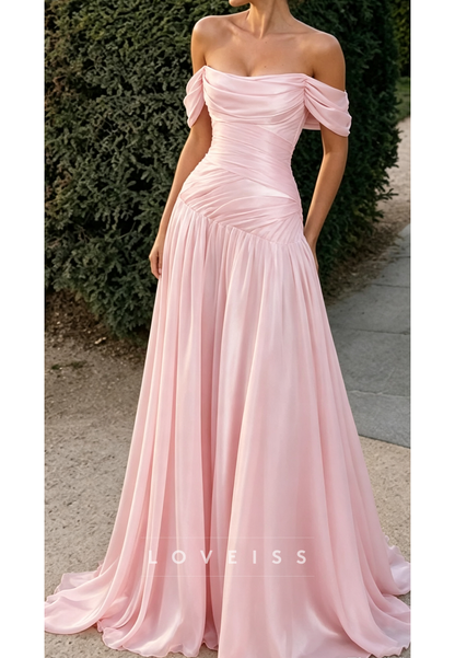 Off-the-Shoulder Ruched Satin A-Line Evening Gown