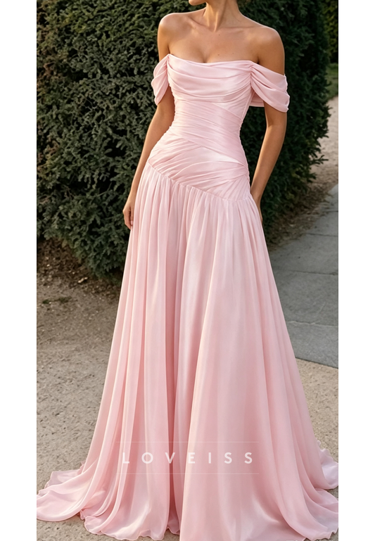 Off-the-Shoulder Ruched Satin A-Line Evening Gown