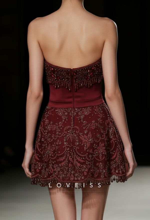 Strapless Beaded Embroidered Mini Dress with Fringe