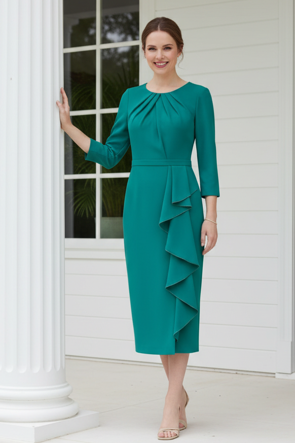 Ruffled Crepe Midi Dress with 3/4 Sleeves