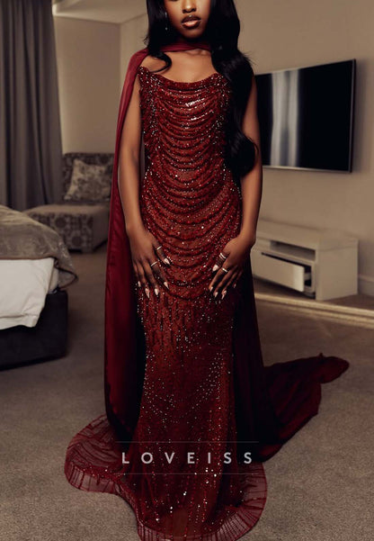 Beaded Sequin Strapless Gown with Cape