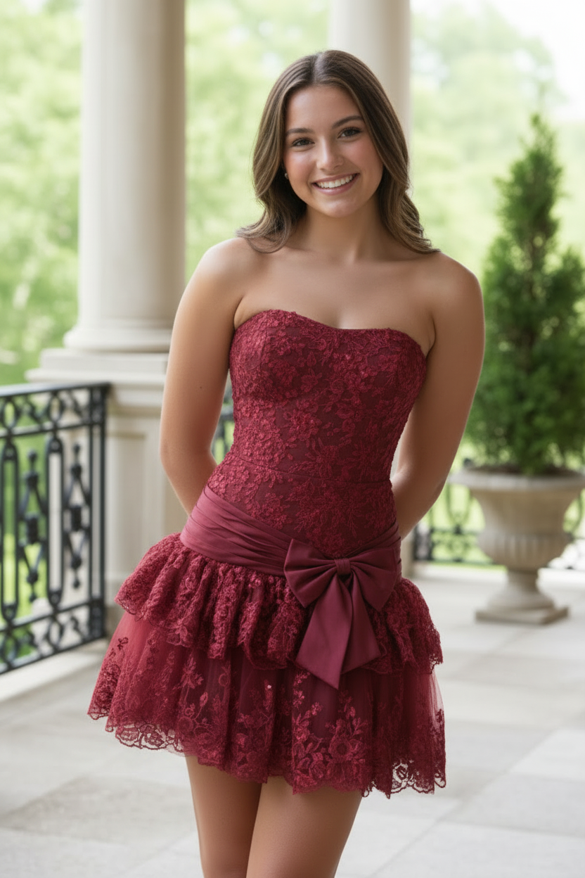 Strapless Tiered Lace Mini Dress with Bow Sash