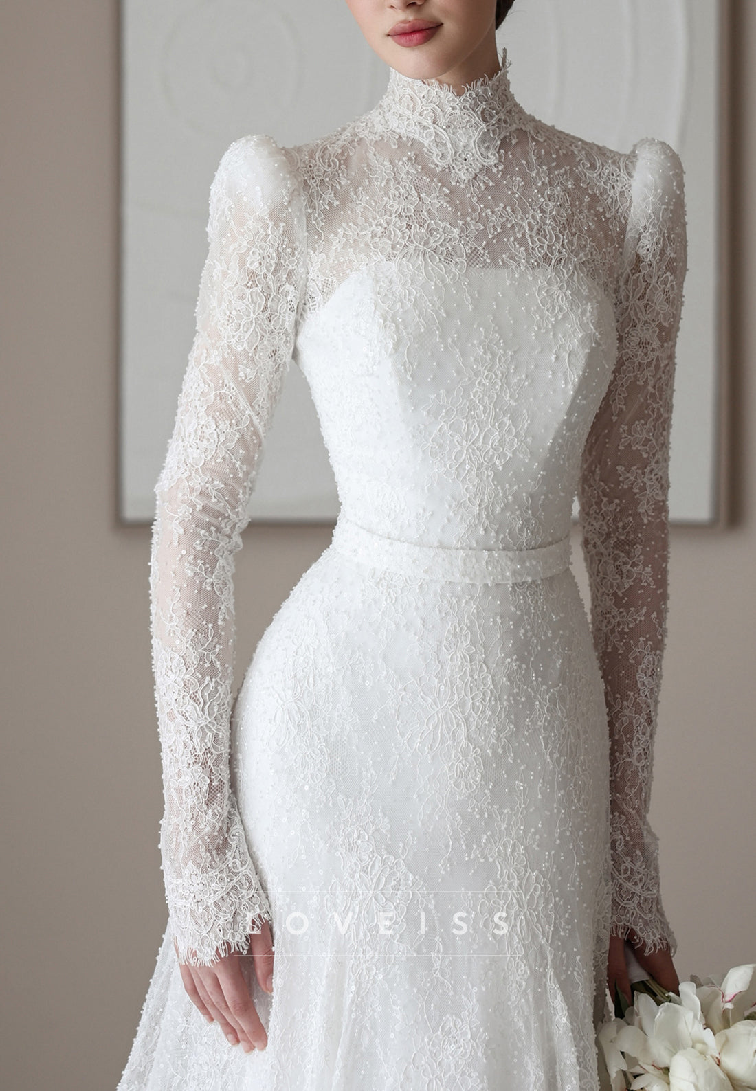 High-Neck Lace Fit and Flare Wedding Dress