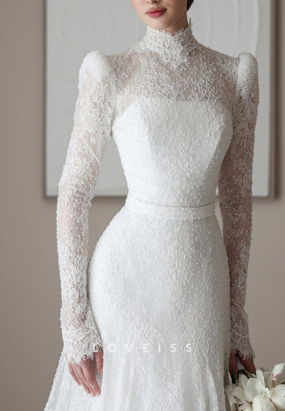 High-Neck Lace Fit and Flare Wedding Dress