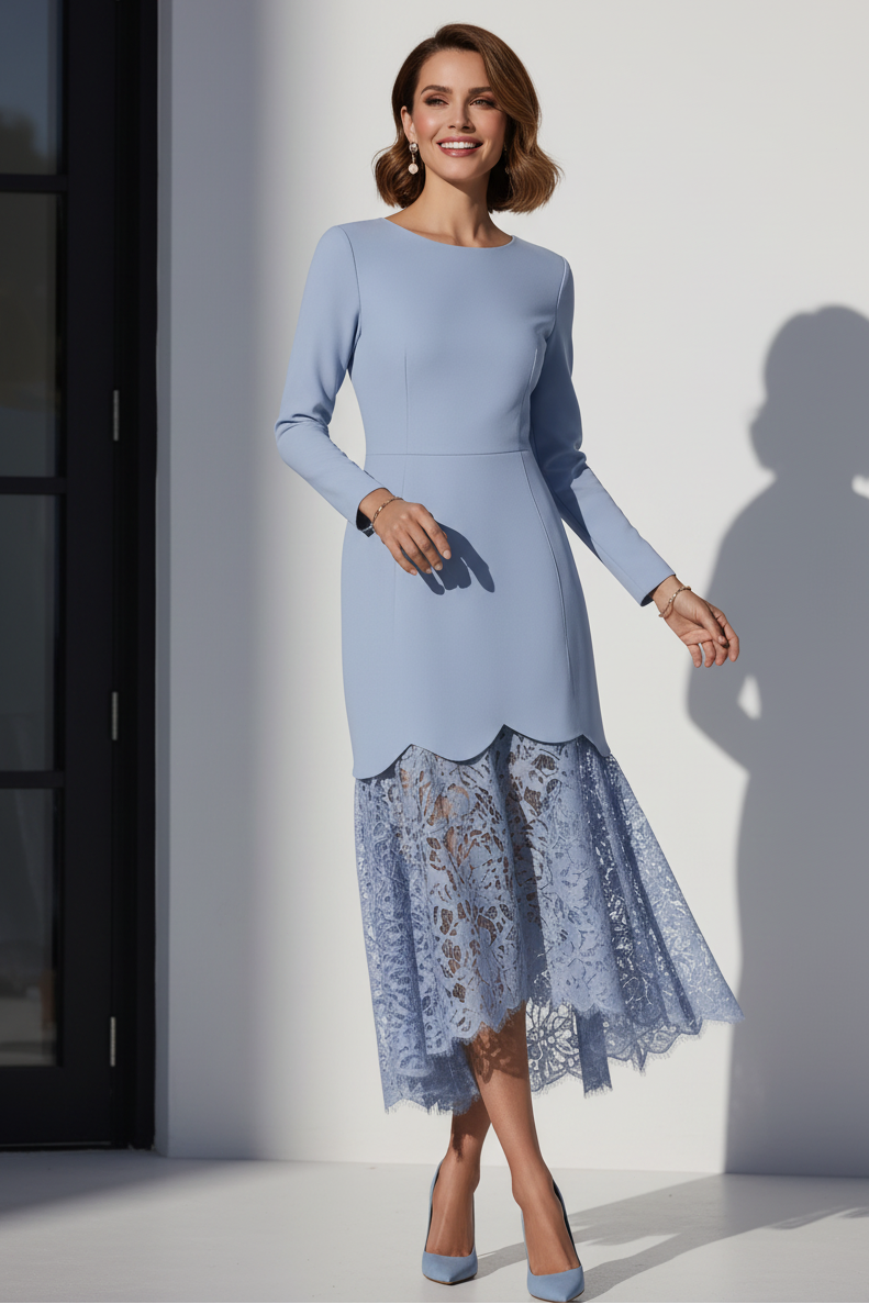 Scalloped Crepe and Lace High-Low Midi Dress