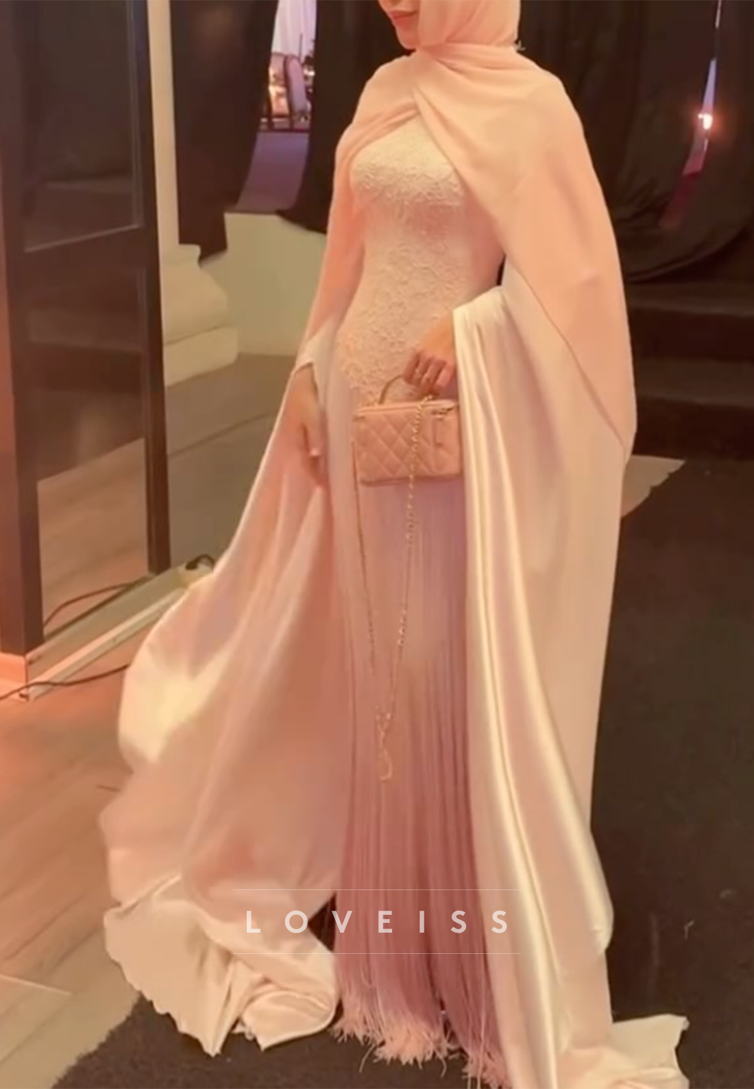 Lace Bodice Fringe Evening Gown with Cape
