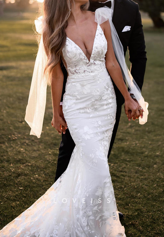 Lace Mermaid Wedding Dress with Tulle Shoulder Bows