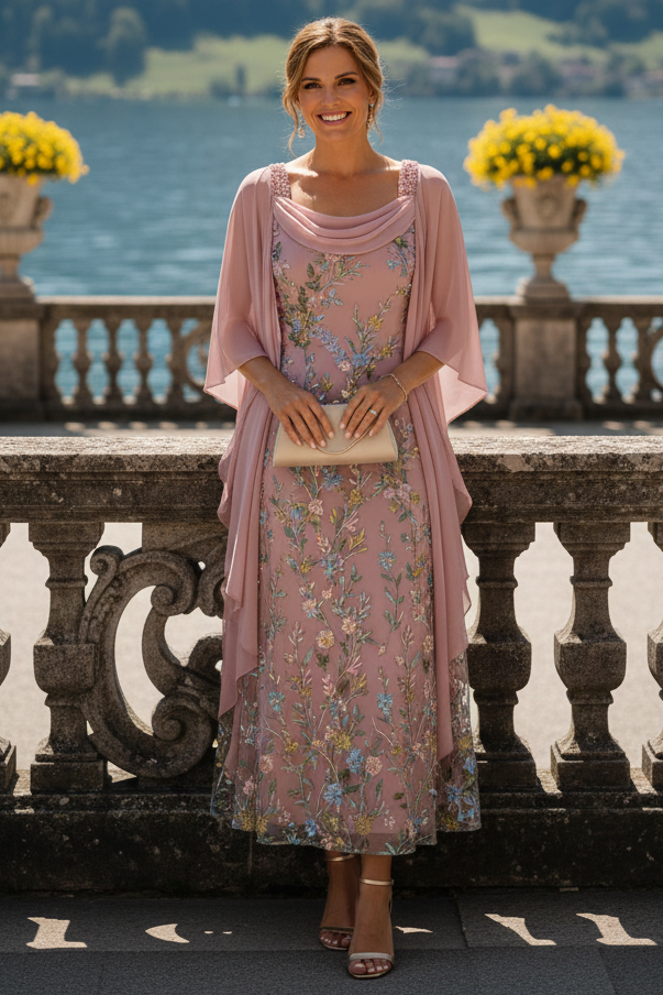 Floral Embroidered Chiffon Cape Sleeve Midi Dress