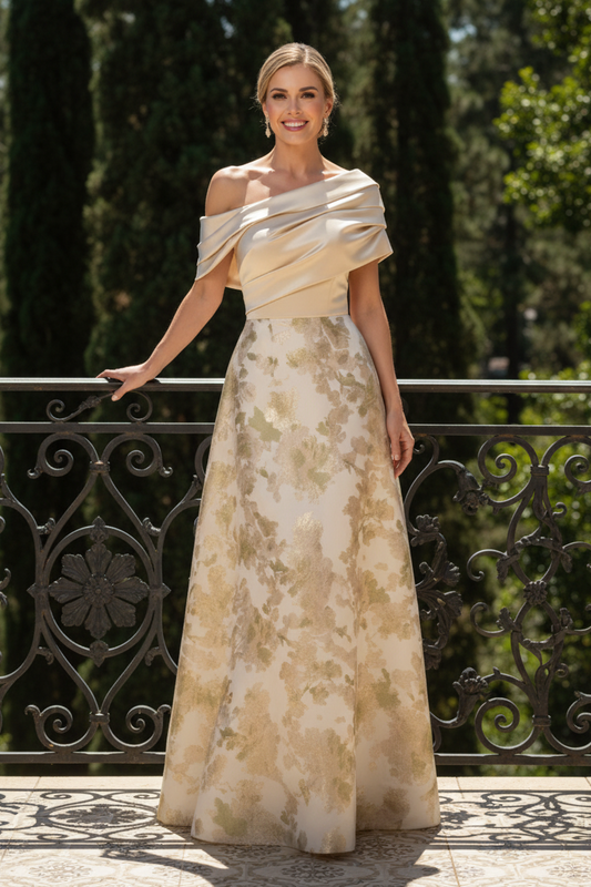 One-Shoulder Pleated Floral Jacquard A-Line Gown