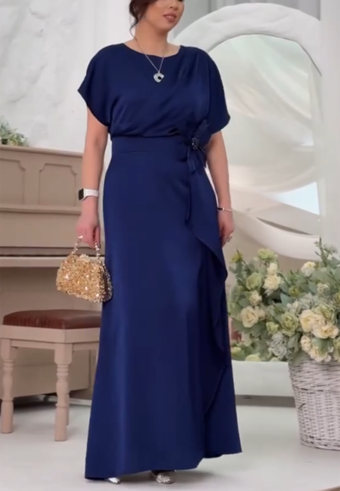 Draped Waist Maxi Dress with Floral Accent