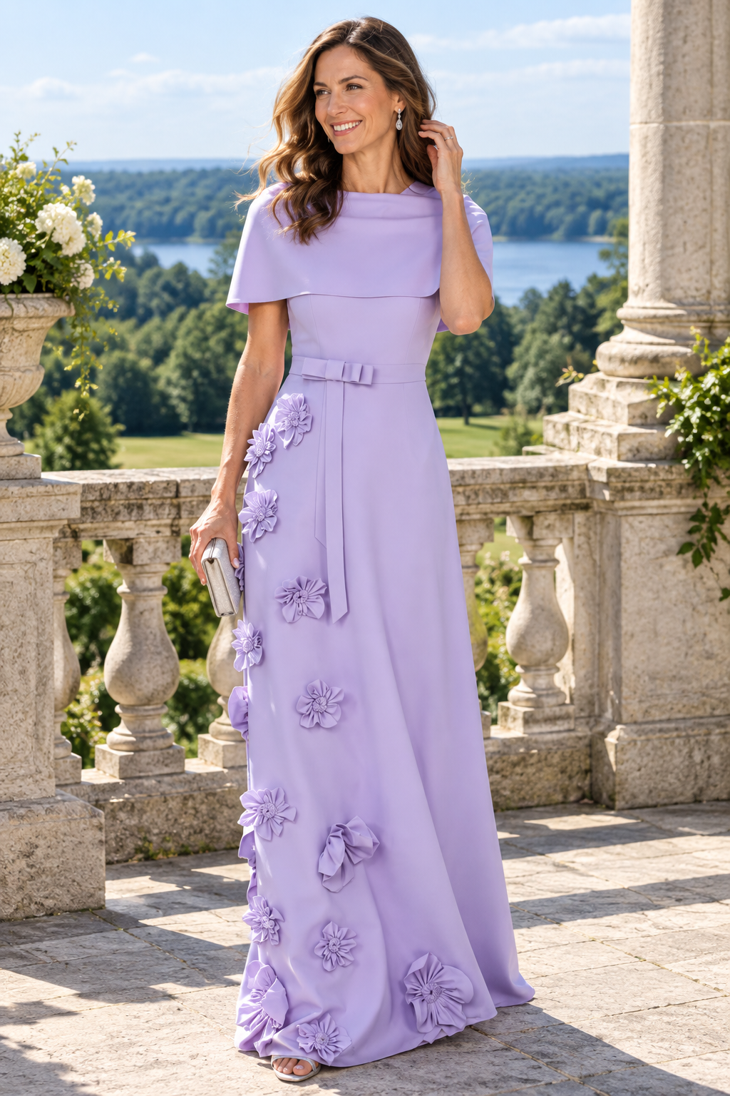 Capelet Maxi Dress with 3D Floral Appliqués