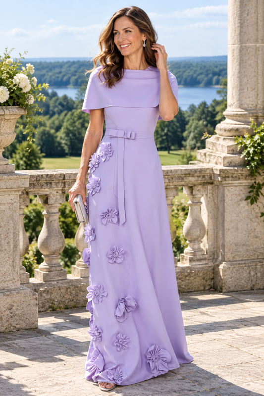 Capelet Maxi Dress with 3D Floral Appliqués
