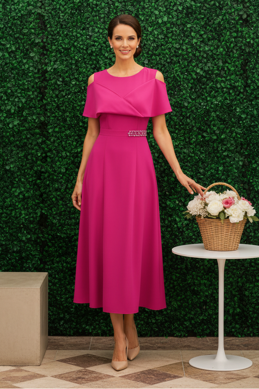 Cold Shoulder Flutter Sleeve Midi Dress with Beaded Belt