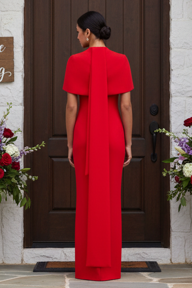 High-Neck Cape Overlay Column Evening Gown