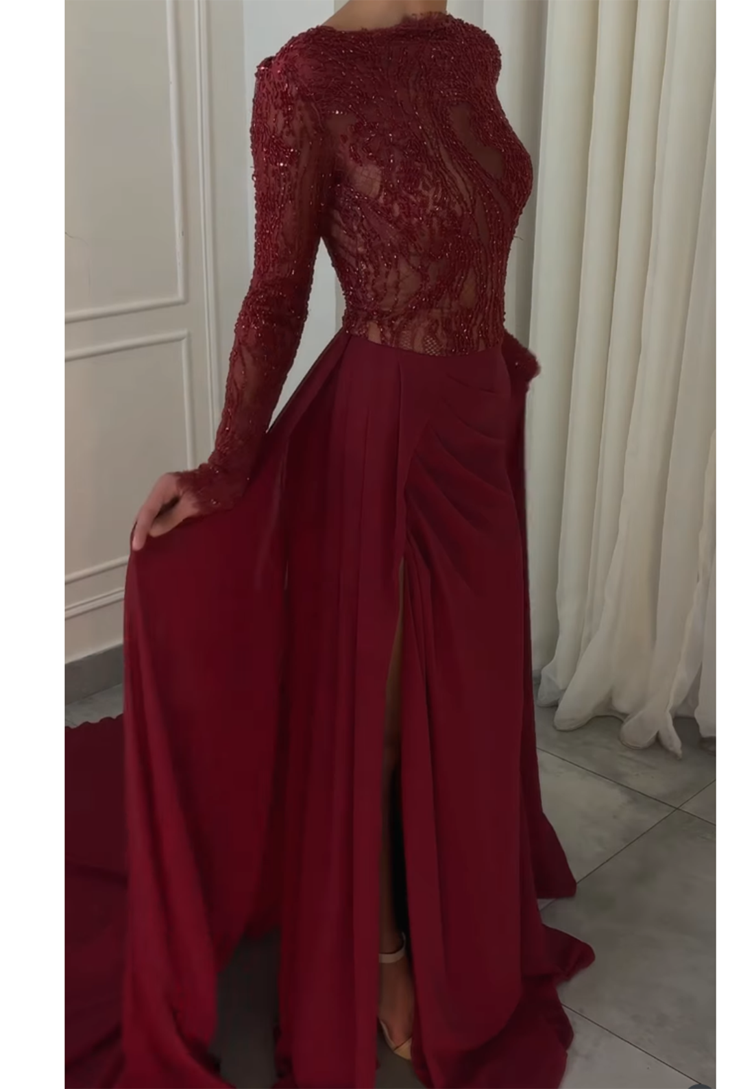 Beaded Illusion Long Sleeve Evening Gown with Slit