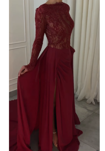 Beaded Illusion Long Sleeve Evening Gown with Slit