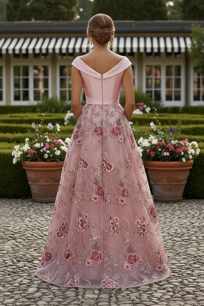 Off Shoulder Floral A-Line Evening Gown with Pockets