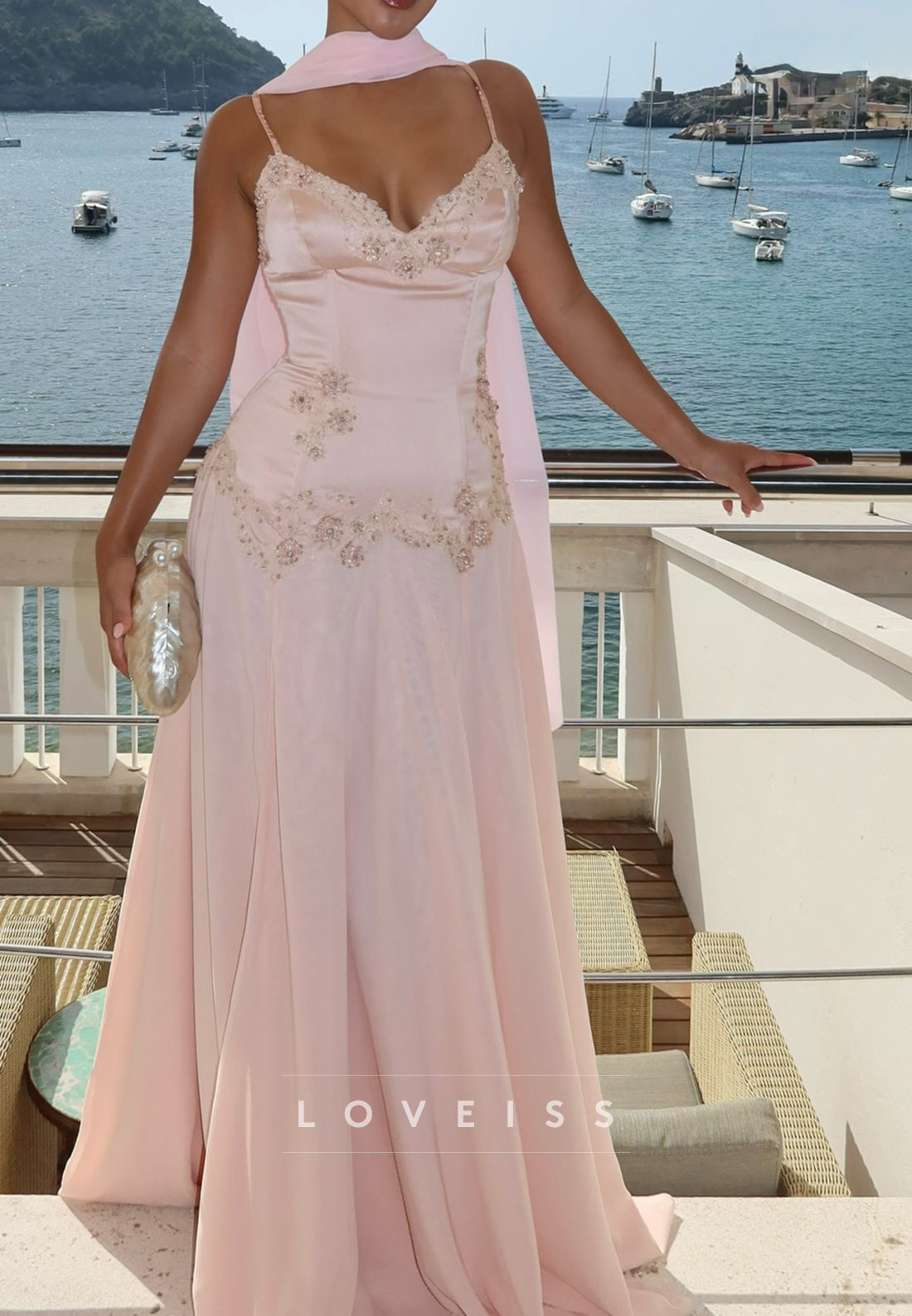 Beaded Corset Chiffon Evening Gown with Shawl