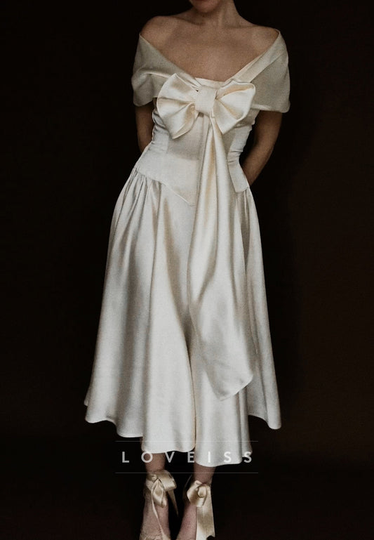 Off-the-Shoulder Convertible Satin Midi Wedding Dress