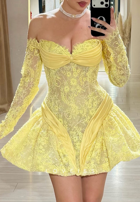 Off-the-Shoulder Lace Mini Dress with Bubble Skirt