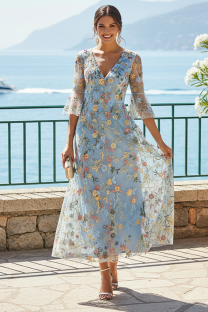 Floral Embroidered V-Neck Bell Sleeve Maxi Dress