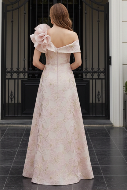 Off-Shoulder 3D Flower Jacquard A-Line Evening Gown
