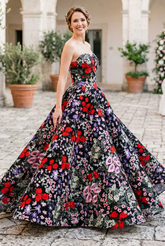 Strapless Floral Embroidered Ball Gown