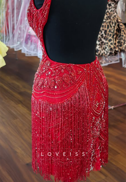 Heavily Beaded Fringe Open Back Mini Dress